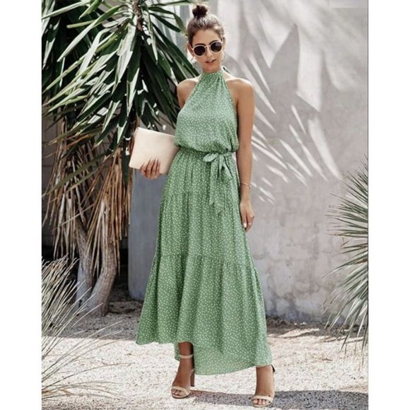 PRETTYGARDEN Halter Neck Belted Maxi Dress S - Picture 3 of 5